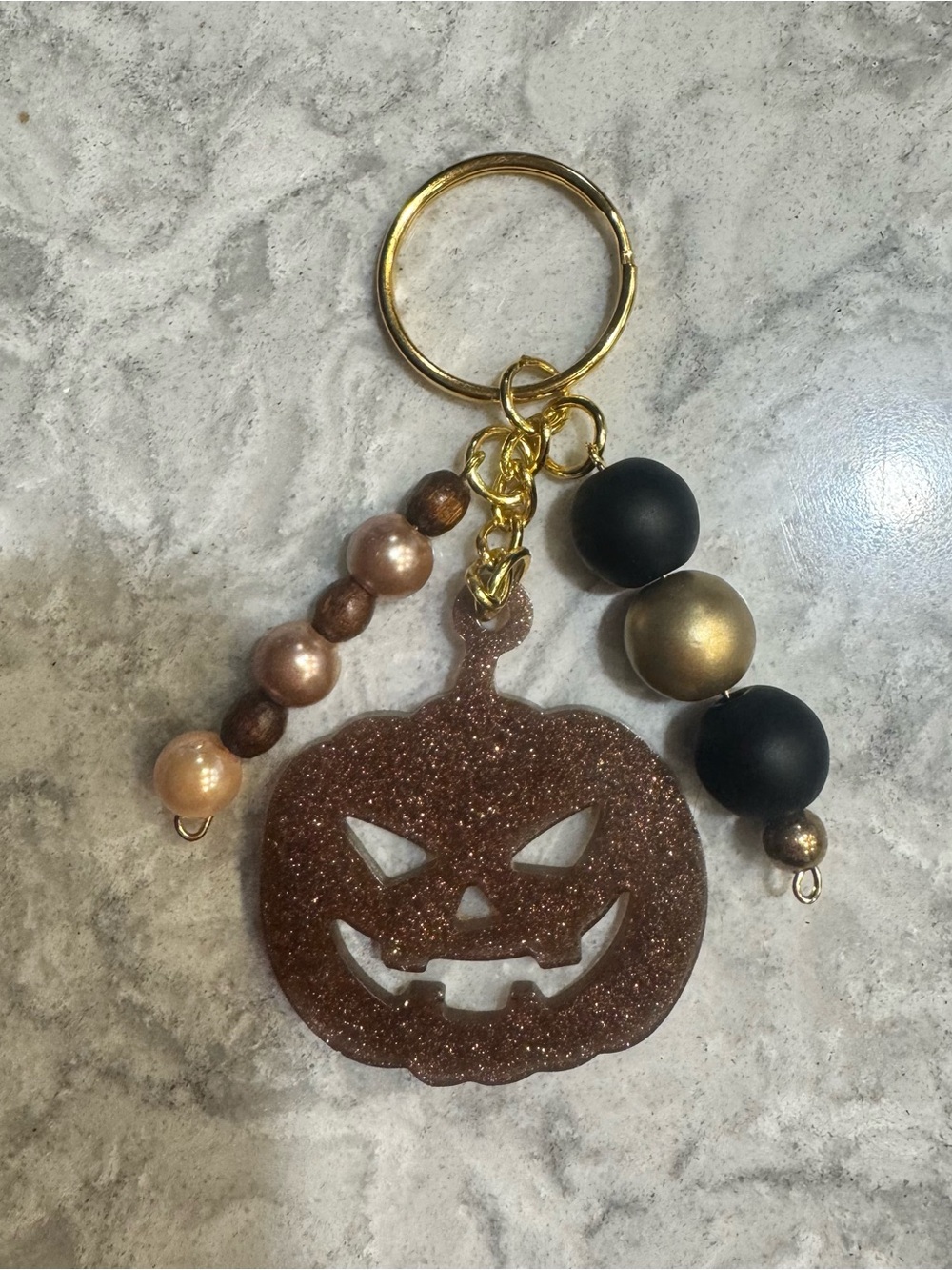 Halloween Pumpkin Glitter Keychain - Gold & Brown